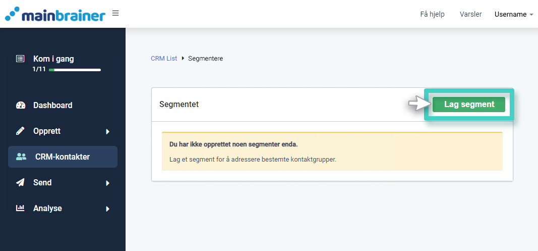 CRM-segment. Opprett segment-knappen er uthevet