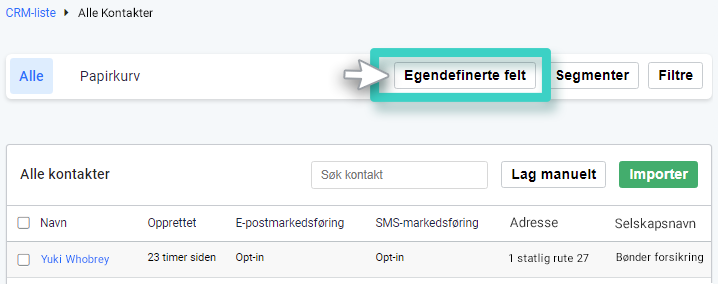 CRM, alle kontakter. Knapp for egendefinerte felt er uthevet