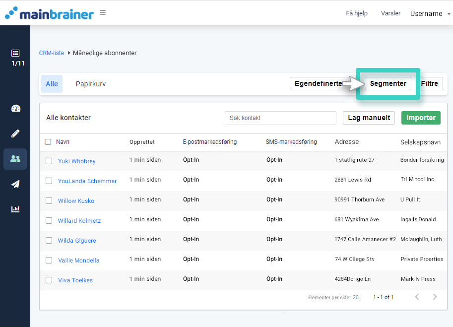 CRM-segment, månedlig oversikt over abonnenter. Segmenter-knappen er uthevet