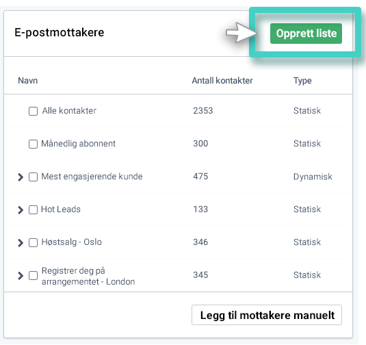 E-postskaper, e-postmottakere. Opprett liste-knappen uthevet