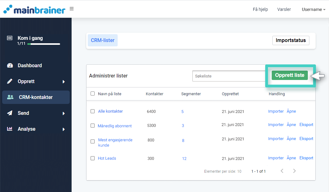 CRM-liste, listeoversikt. Opprett liste-knappen uthevet