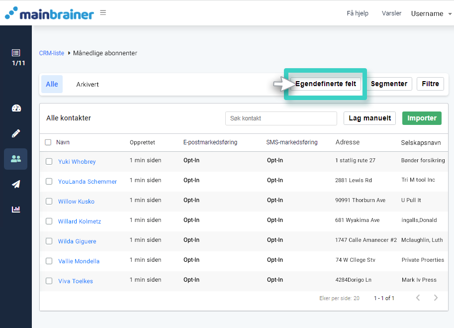 CRM tilpassede felt, oversikt over abonnenter. Knappen for egendefinerte felt er uthevet