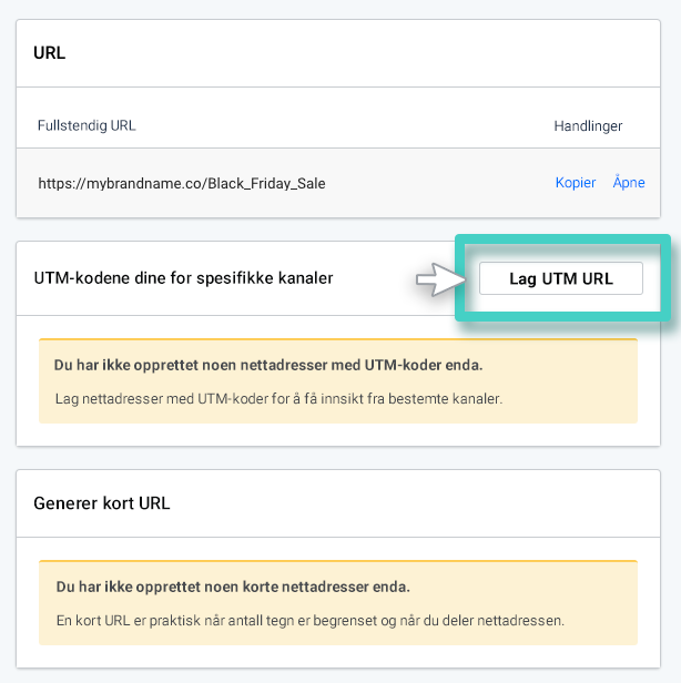 Landingsside UTM-koder. Opprett UTM-url-knappen er uthevet