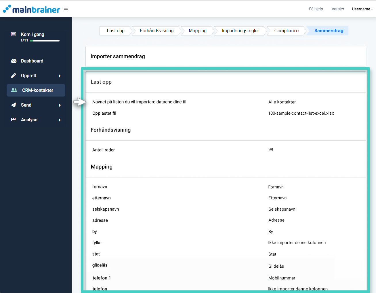 MainBrainer CRM import kontakter, kategorien sammendrag. Last opp, forhåndsvisning og kartleggingsoversikt