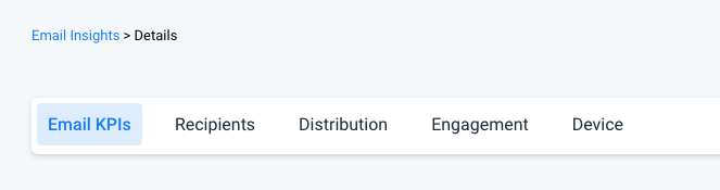 Email insights, insights overview. Email KPIs tab highlighted