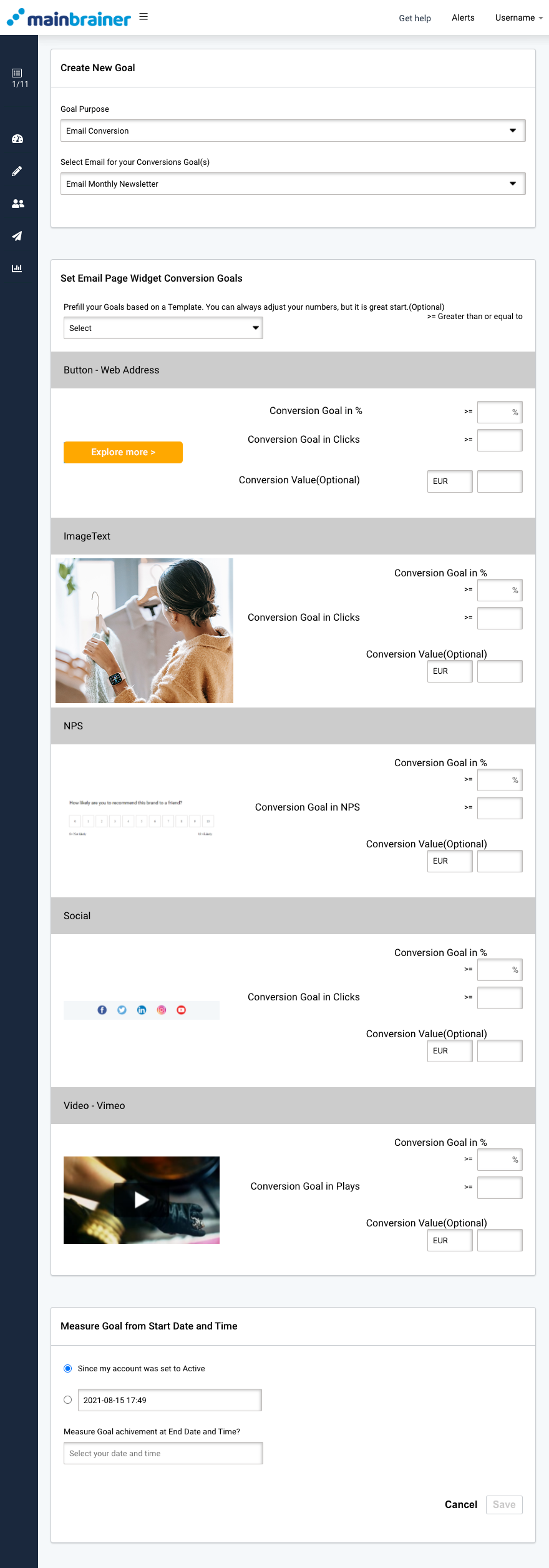 Email page performance overview. Enter KPIs