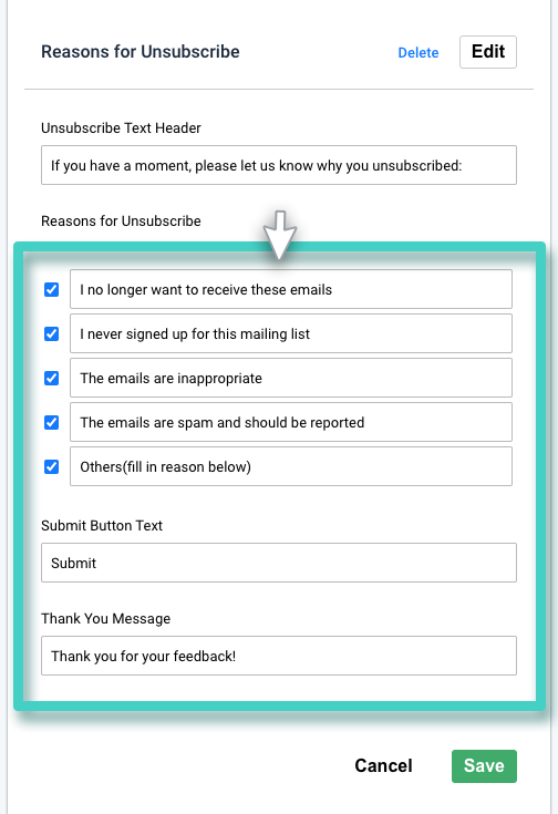 SMS and email unsubscribe template. List of options for unsubscribe reasons 