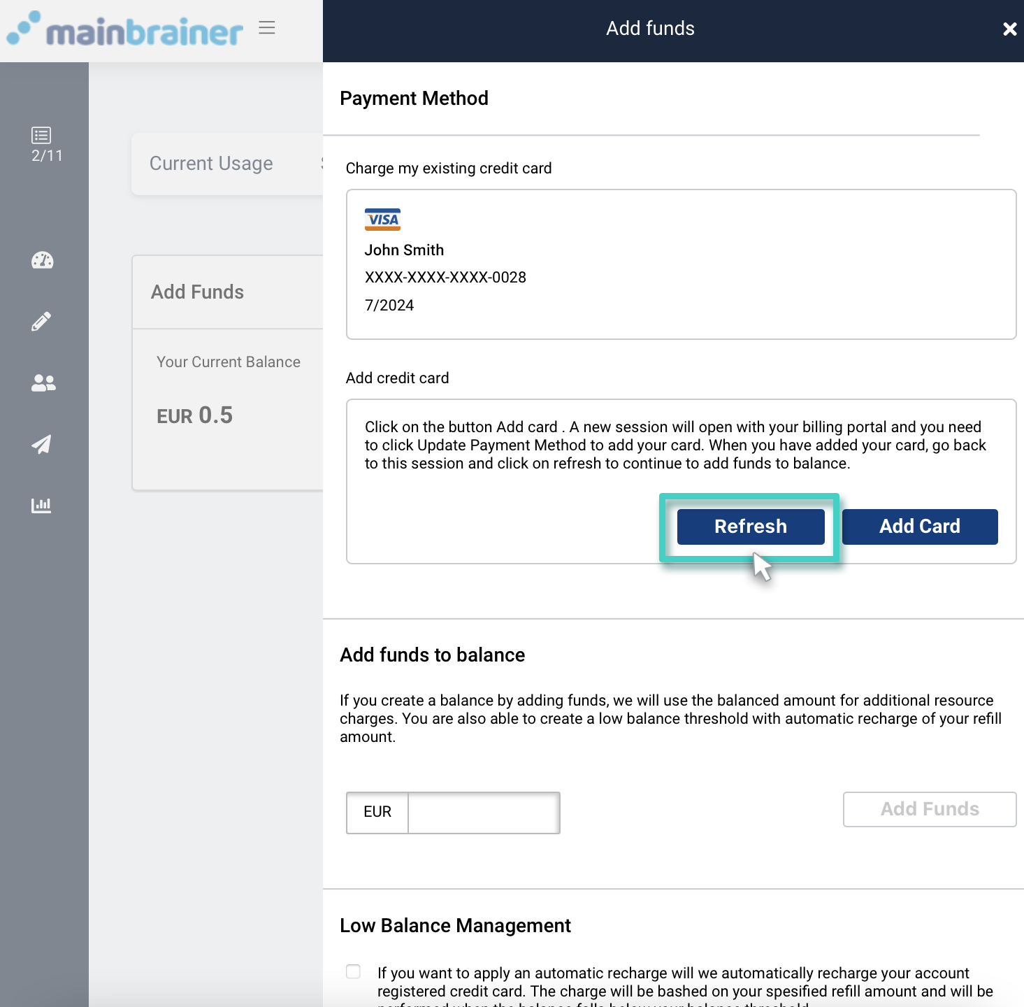 The billing section, payment method. The refresh button is highlighted