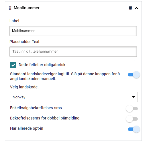 Regler for kunderegistrering, feltinnstillinger for mobilnummer