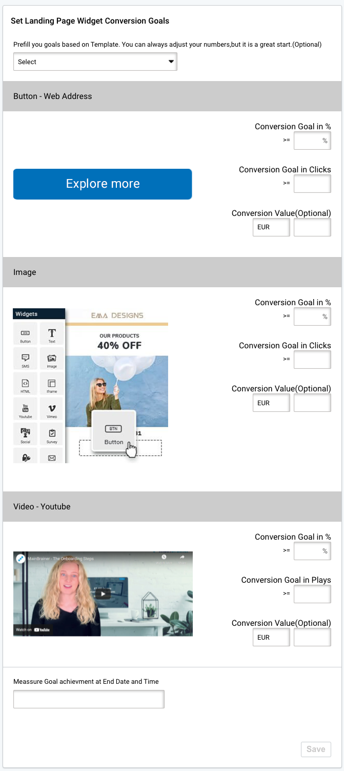 SMS campaign goals, landing page widget conversion goals