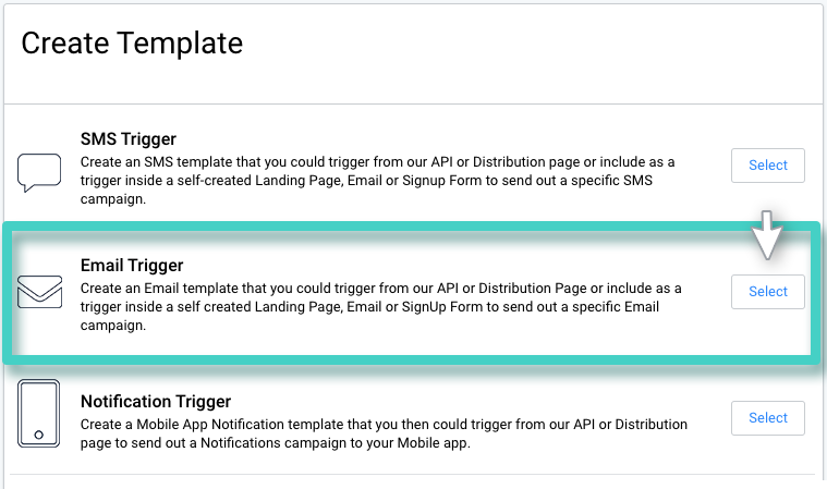 Email trigger templates. The email trigger button is highlighted