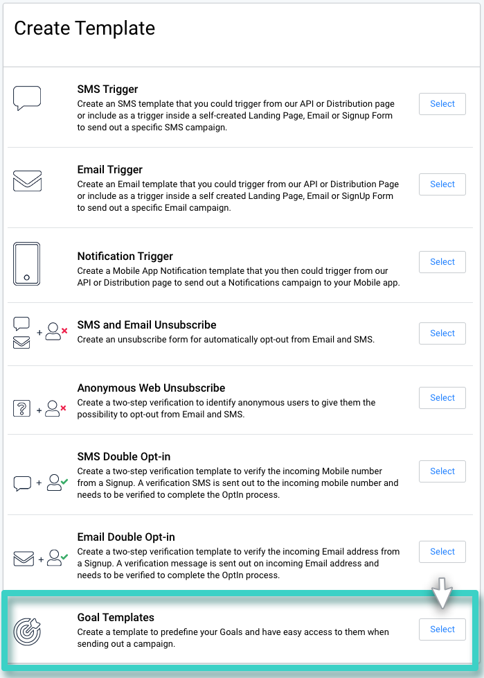 Creating campaign goal template. The select goal templates button is highlighted