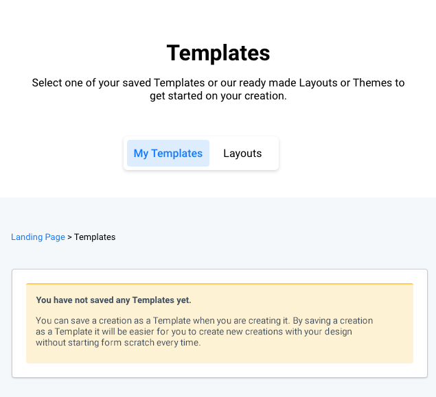 New landing page, templates. There is a no saved templates message