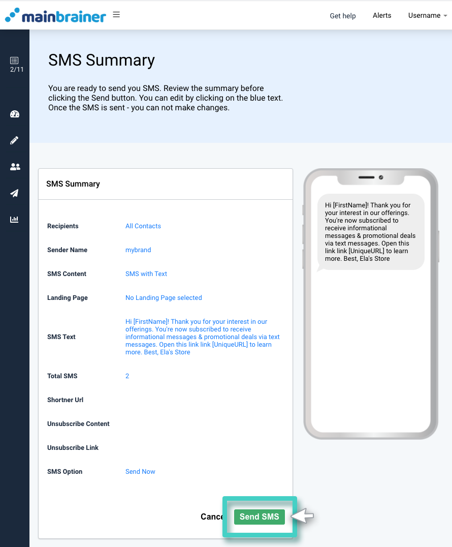 SMS campaign sending, SMS summary. The send SMS button is highlighted