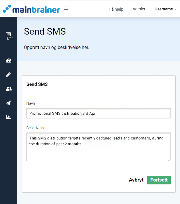 SMS med landingsside, send SMS-alternativer. Lag navn og beskrivelse