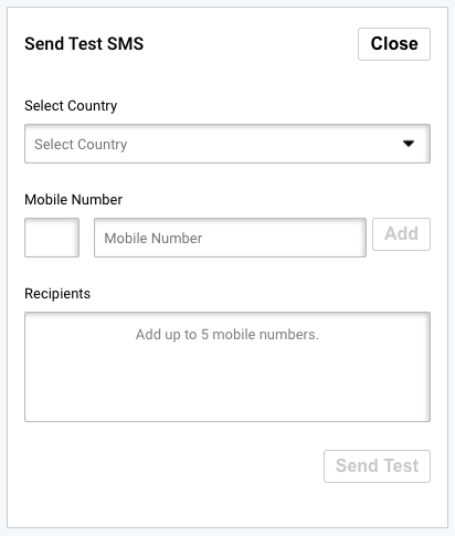 SMS campaign sending, send test SMS options. Select country
