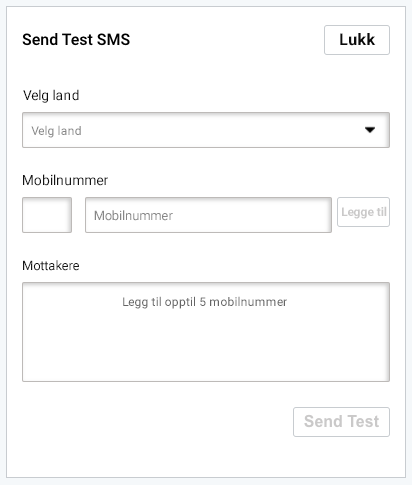 Sending av SMS-kampanje, send test SMS-alternativer. Velg land