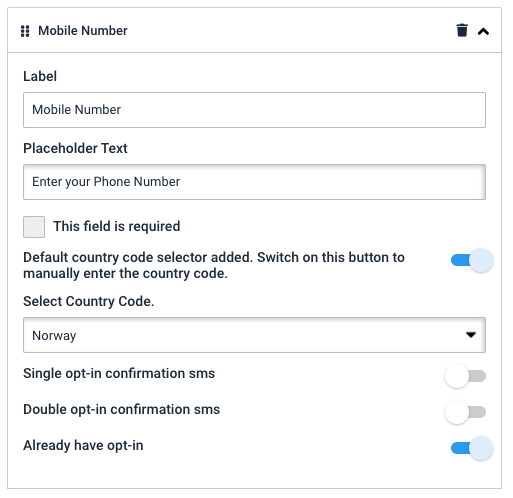 Customer signup rules, mobile number field settings
