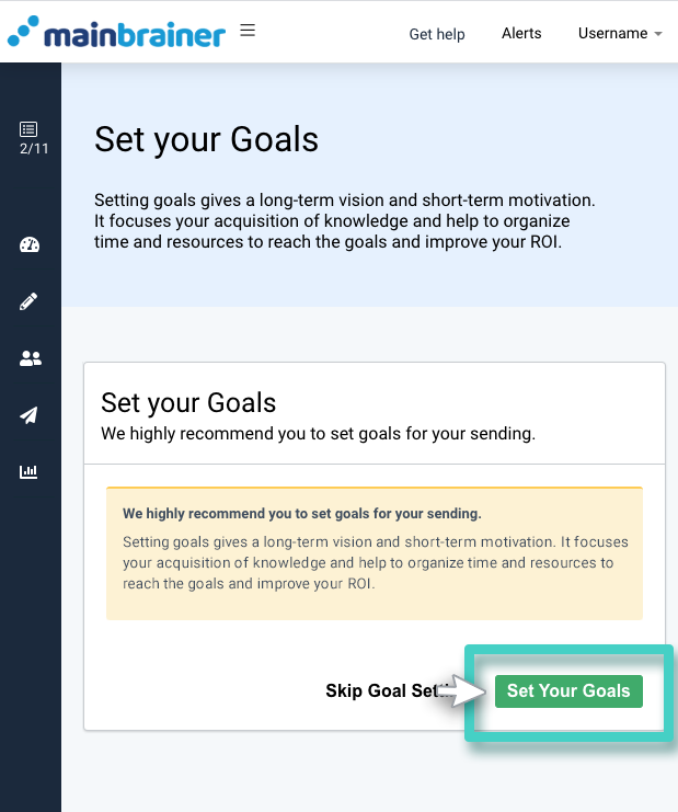 SMS campaign goals. Set your goals button is highlighted