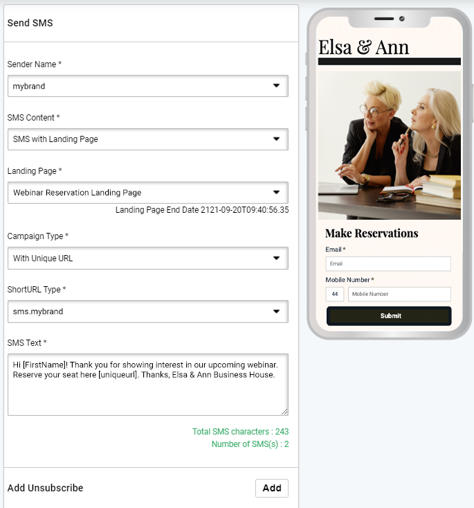 SMS with landing page, SMS editor. SMS with landing page preview
