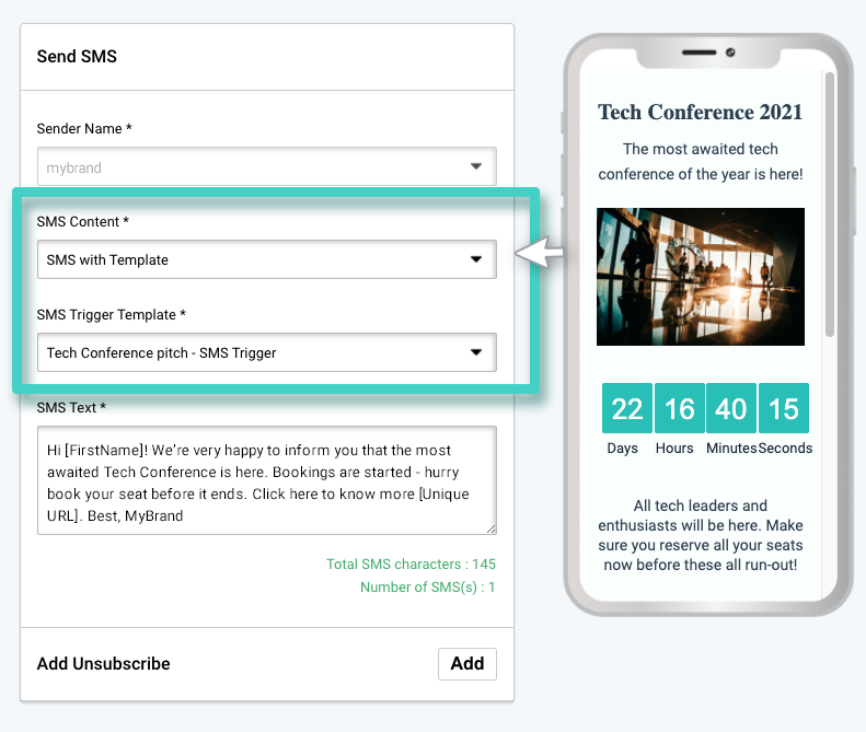 SMS trigger templates. SMS content and SMS trigger template is highlighted