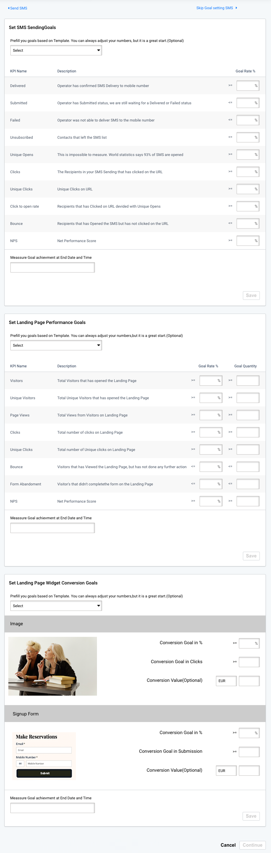 Delivery, performance, and conversion goals for SMS sending with landing page