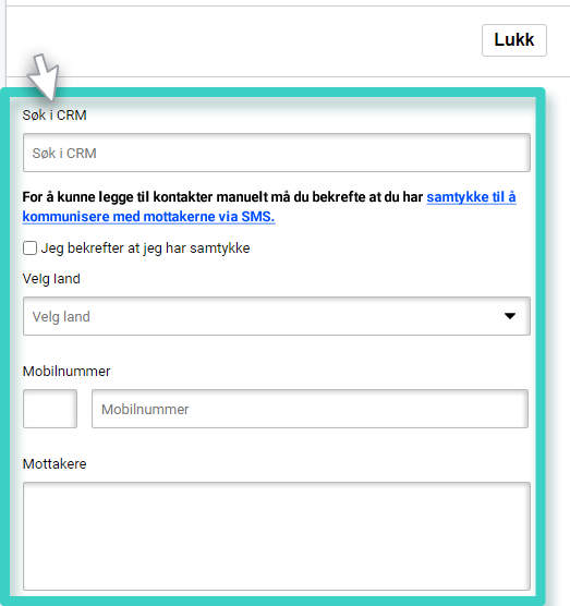 SMS-kampanje, SMS-mottakere. Legg til mottakere manuelt utvidelse. Søk CRM-alternativ