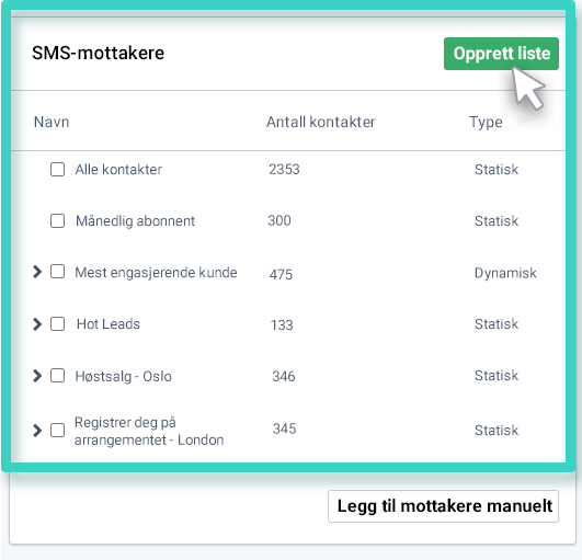 SMS-kampanje, SMS-mottakere. Opprett liste-knappen uthevet