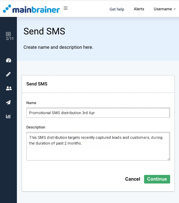 SMS campaign, send SMS options. Create name and description