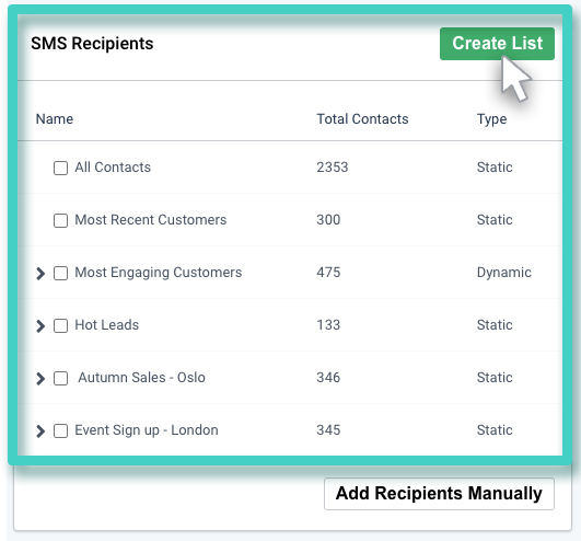 SMS campaign, SMS recipients. Create list button highlighted