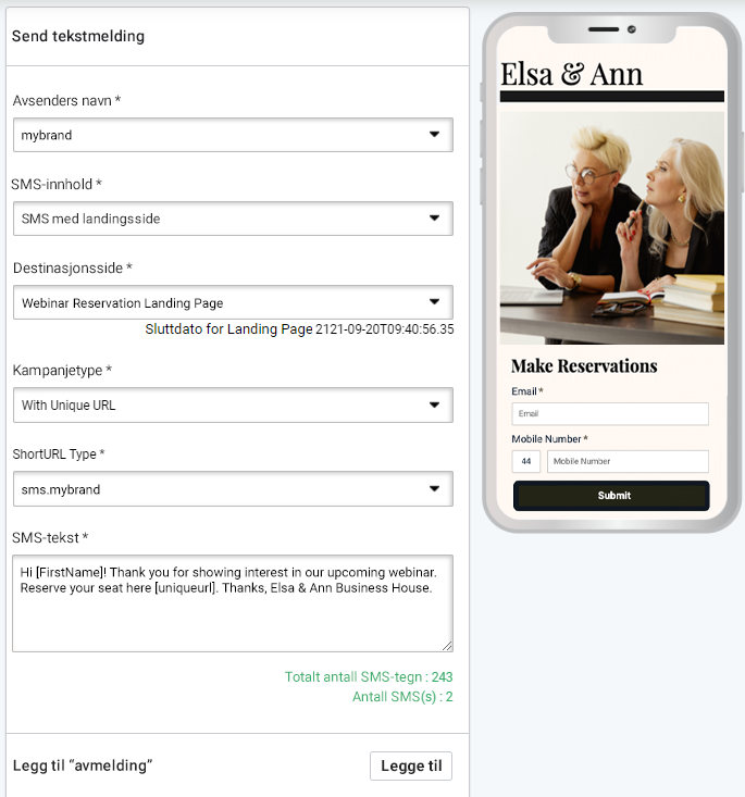 SMS med landingsside, SMS editor. SMS med forhåndsvisning av landingsside