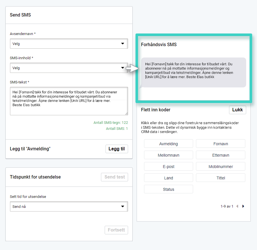 Sending av SMS-kampanje. Forhåndsvisning av SMS