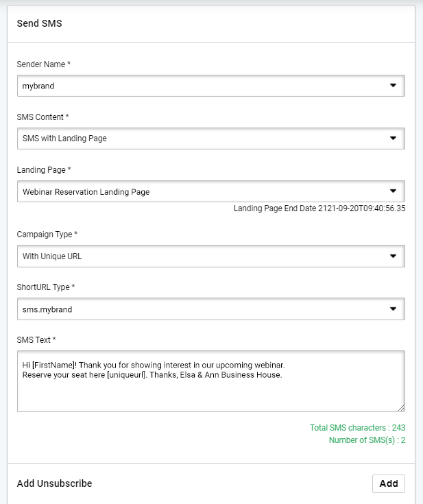 SMS with landing page, SMS editor. Select sender name, SMS content and SMS text