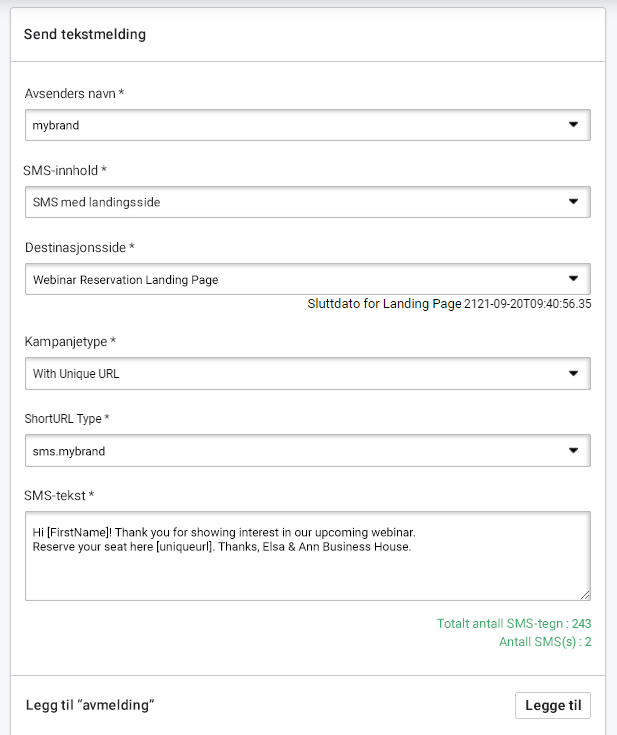 SMS med landingsside, SMS editor. Velg avsendernavn, SMS-innhold og SMS-tekst