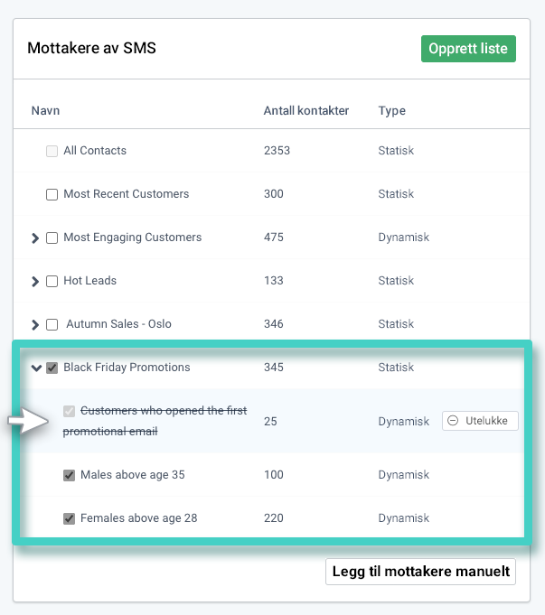 Markedsføringskampanje, unntatt kontakter. Lister over SMS-mottakere. Ekskludert merke er uthevet