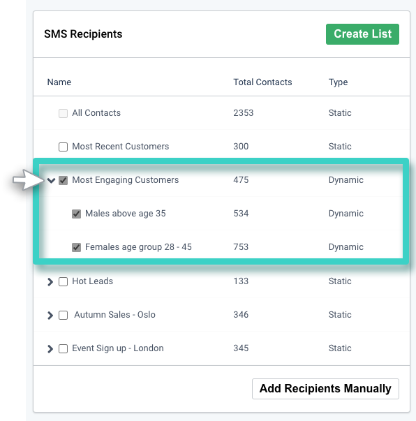 SMS with landing page, SMS recipients. Create list button highlighted