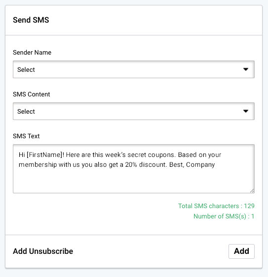 SMS campaign, SMS editor. Select sender name, SMS content and SMS text