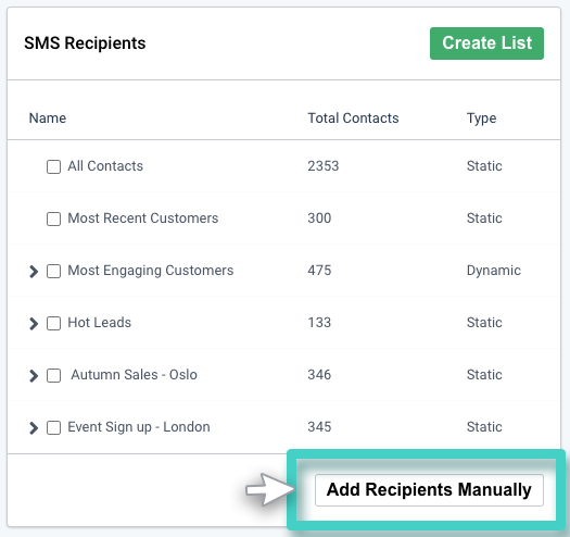 SMS campaign, SMS recipients. Add recipients manually button highlighted