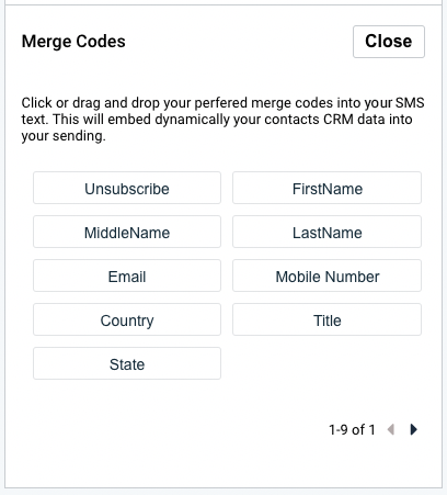 SMS campaign, SMS editor personalization options. Merge codes for CRM data