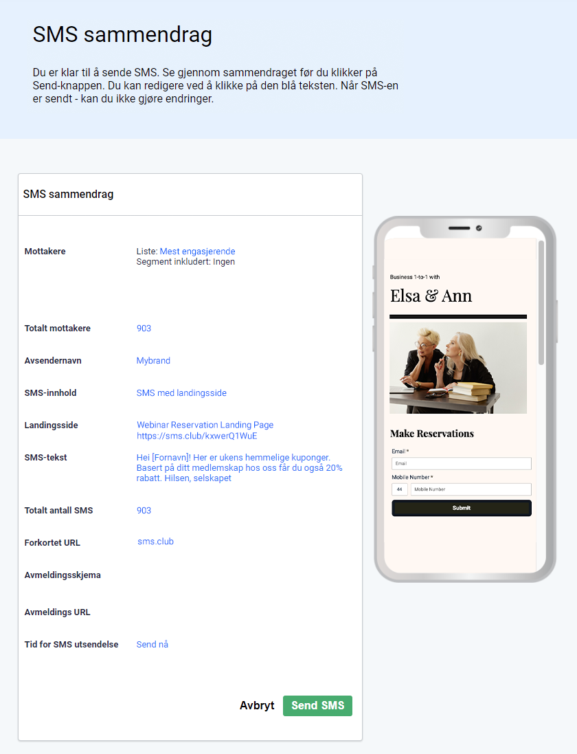 SMS oppsummering. Mottakere, avsendernavn, SMS-innhold, landingsside og forhåndsvisning