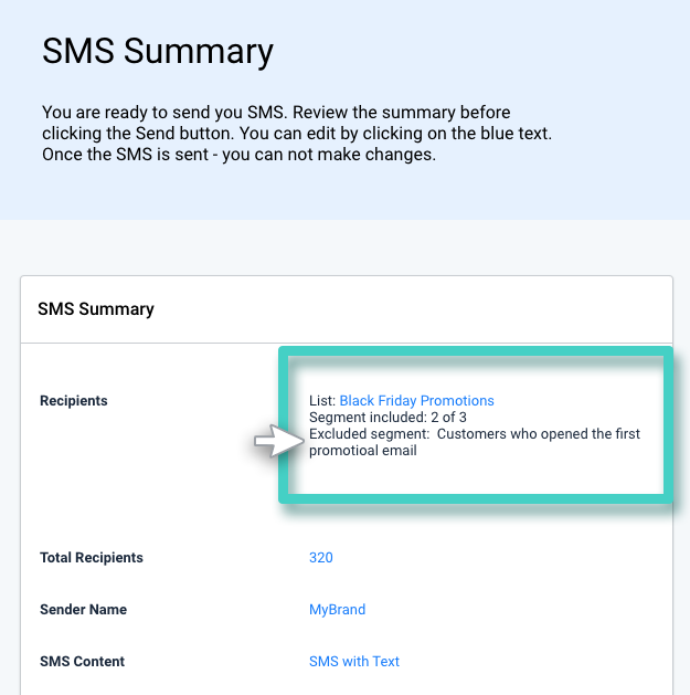 Marketing campaign, excluding contacts. SMS summary overview. Recipients include 2 of 3 segments