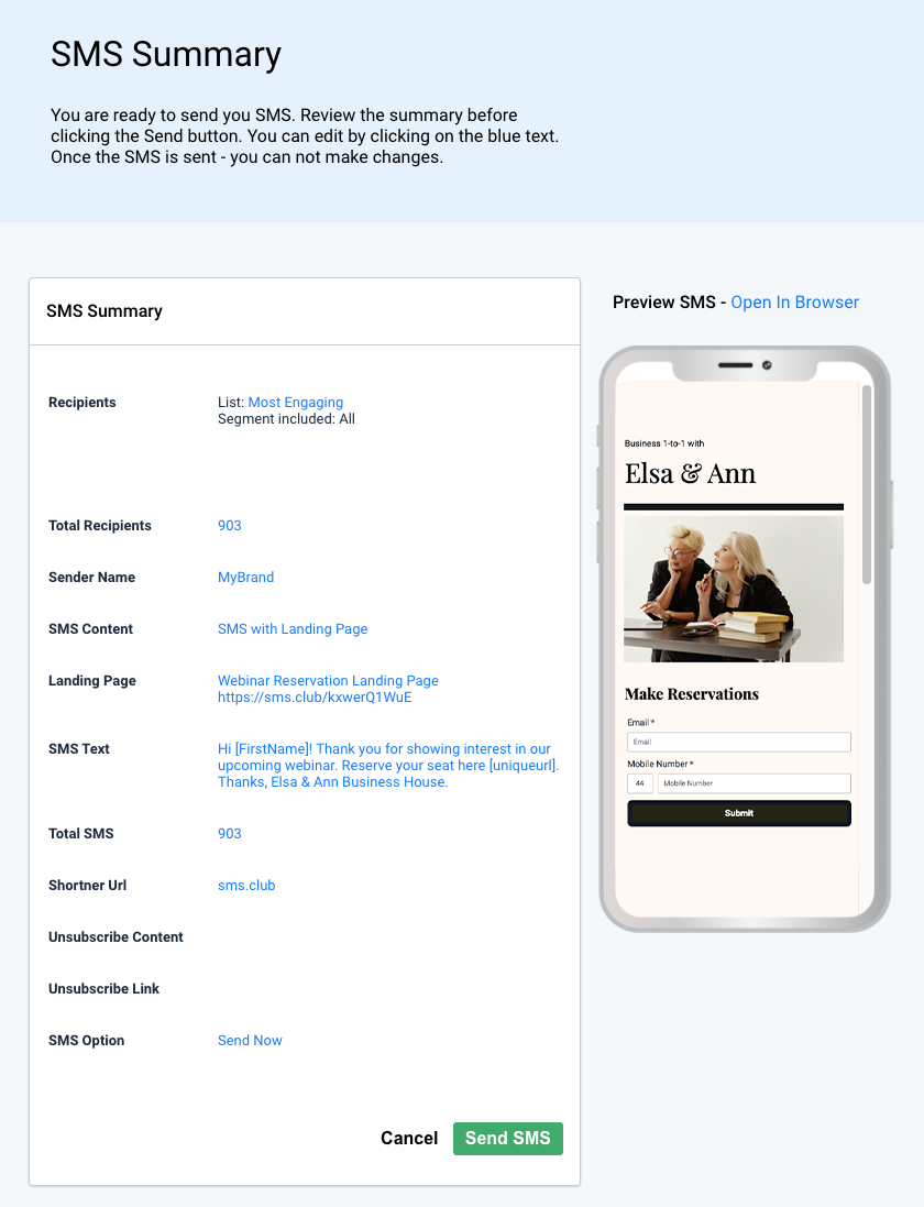 SMS summary. Recipients, sender name, SMS content, landing page and preview