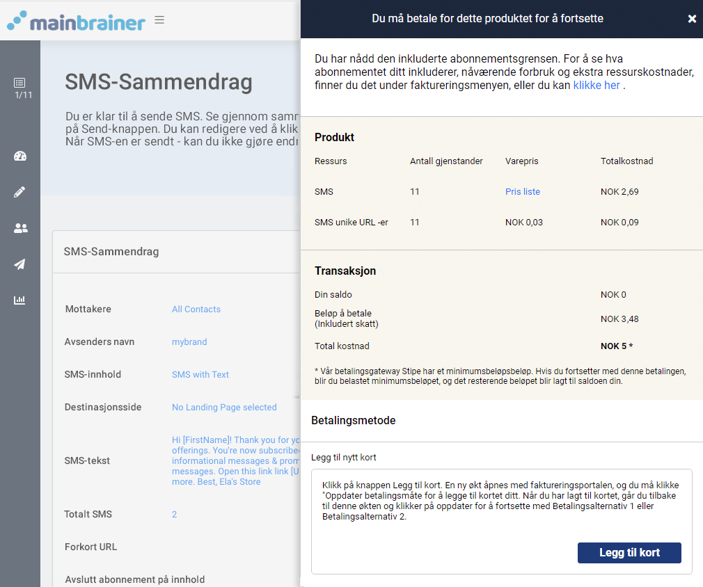 SMS med landingsside, utilstrekkelige betalingsalternativer