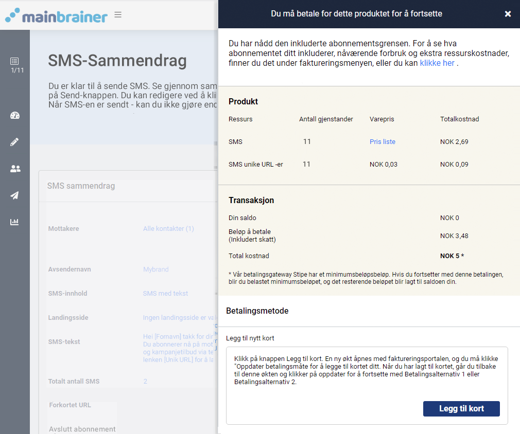 Sending av SMS-kampanjer, utilstrekkelig midler. Alternativer for betalingsmåter