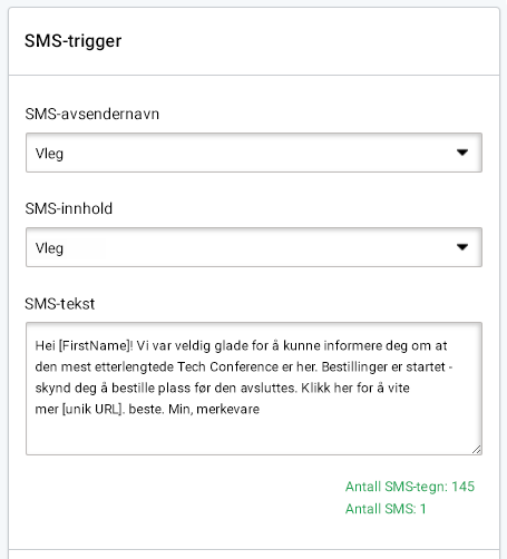 SMS trigger maler. Velg avsendernavn, innhold og tekst