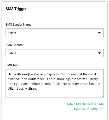 SMS trigger templates. Select sender name, content and text