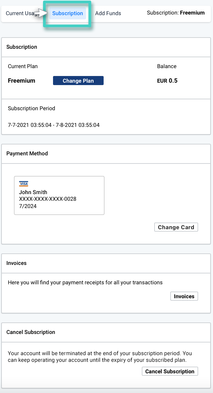 The billing section. The subscription tab is highlighted