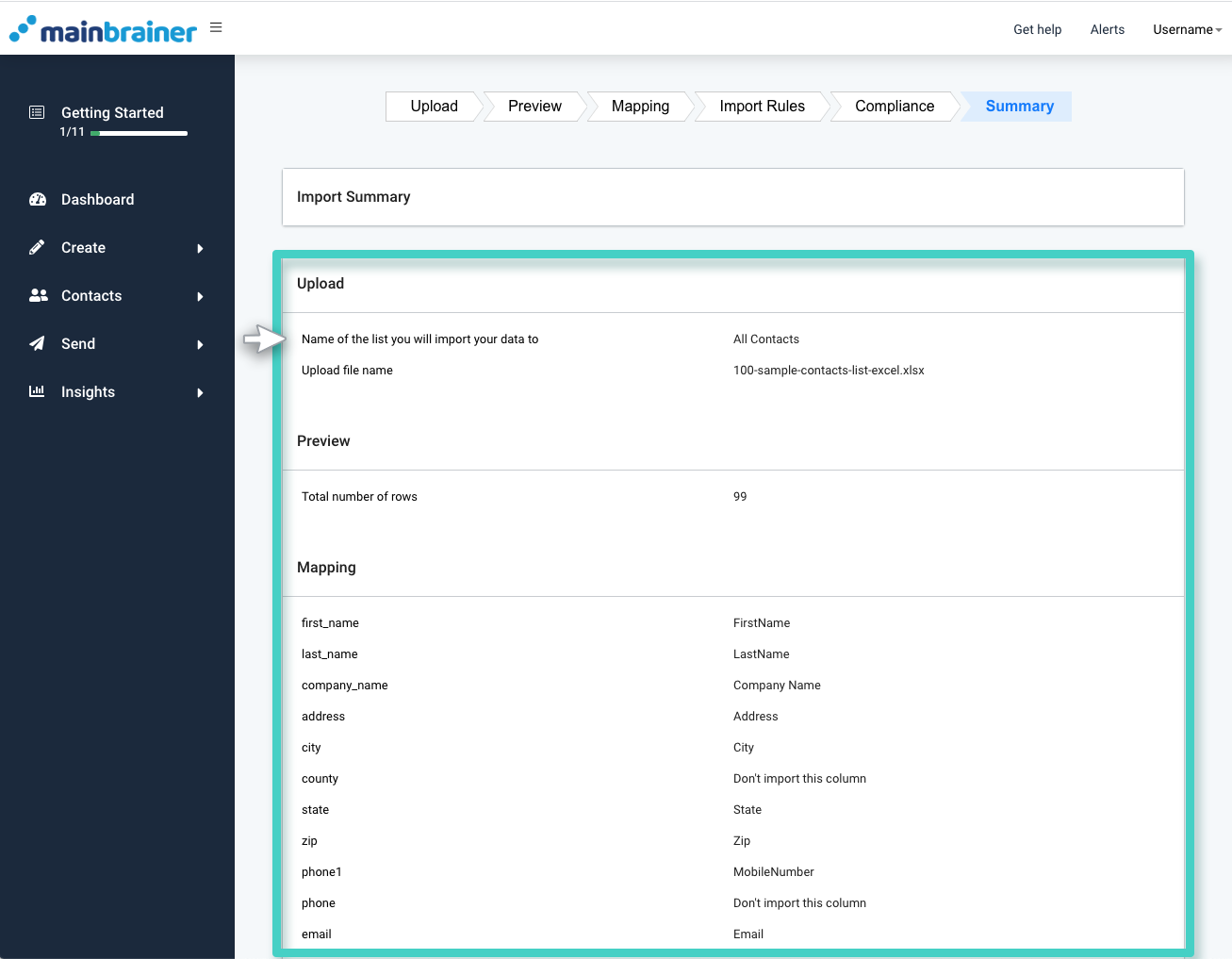 MainBrainer CRM import contacts, summary tab. Upload, preview and mapping overview