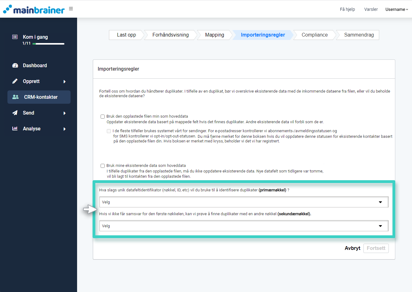 MainBrainer CRM import kontakter, import regler. Velg unik datafeltidentifikator