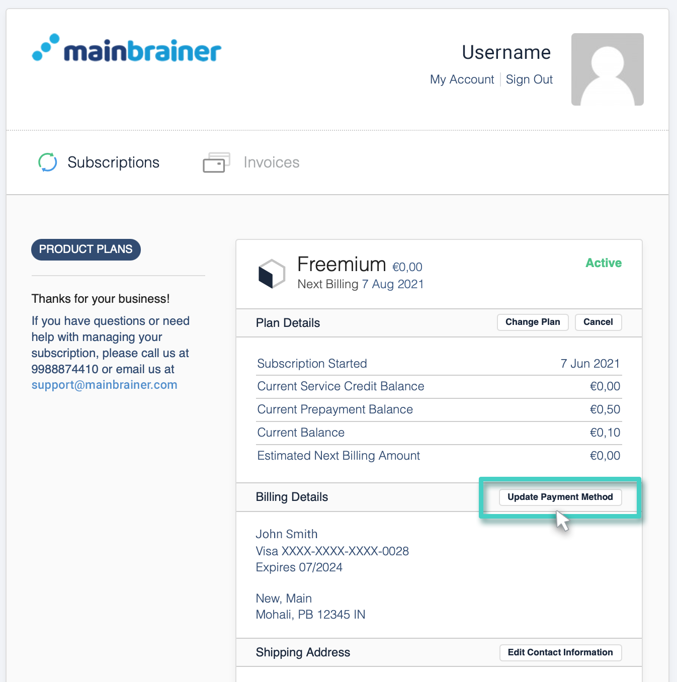 The billing section. Update payment method button is highlighted